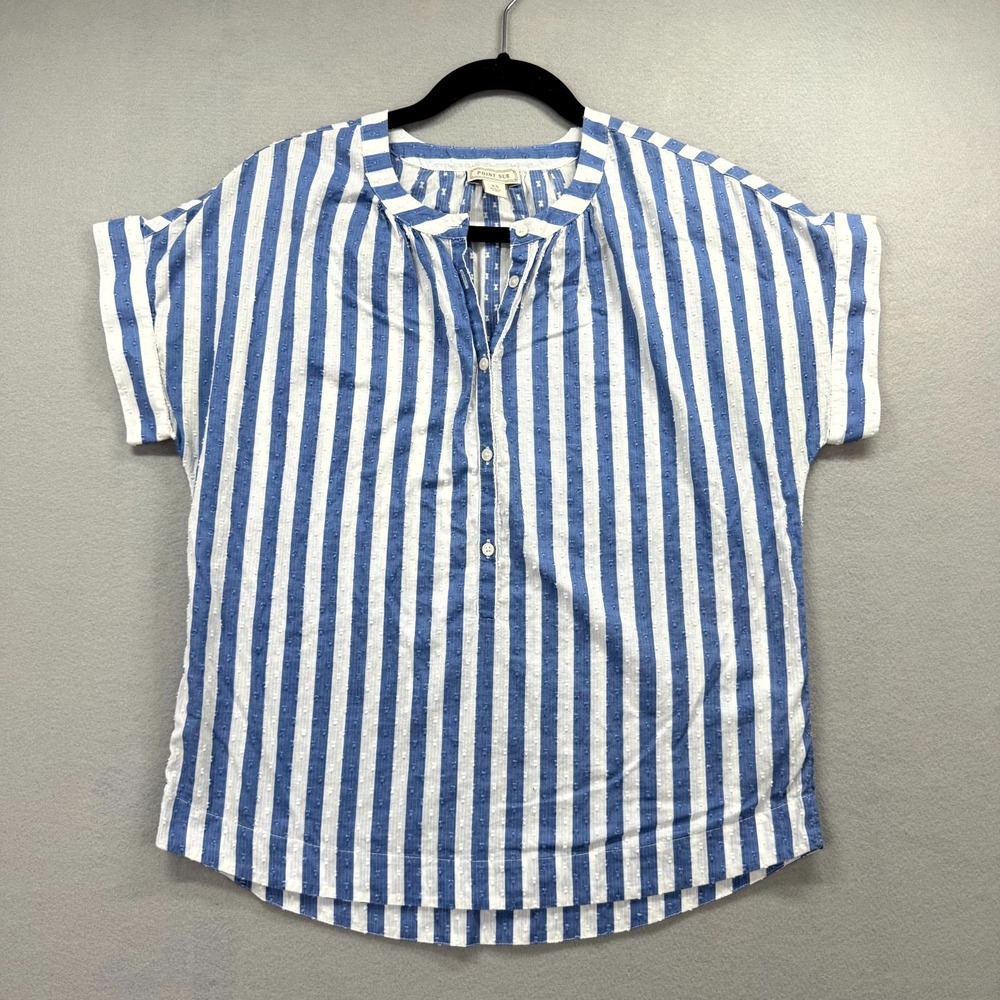 Point Sur Drapey Popover Blouse Top Womens XS White Blue Stripe Swiss Dot Preppy